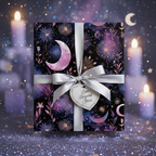 Elegant floral wrapping paper with moon and stars print, tied with a silver ribbon and "Love Beyond Stars" tag.