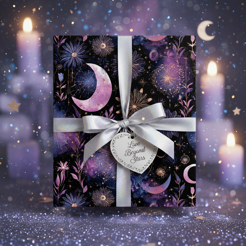 Elegant floral wrapping paper with moon and stars print, tied with a silver ribbon and "Love Beyond Stars" tag.