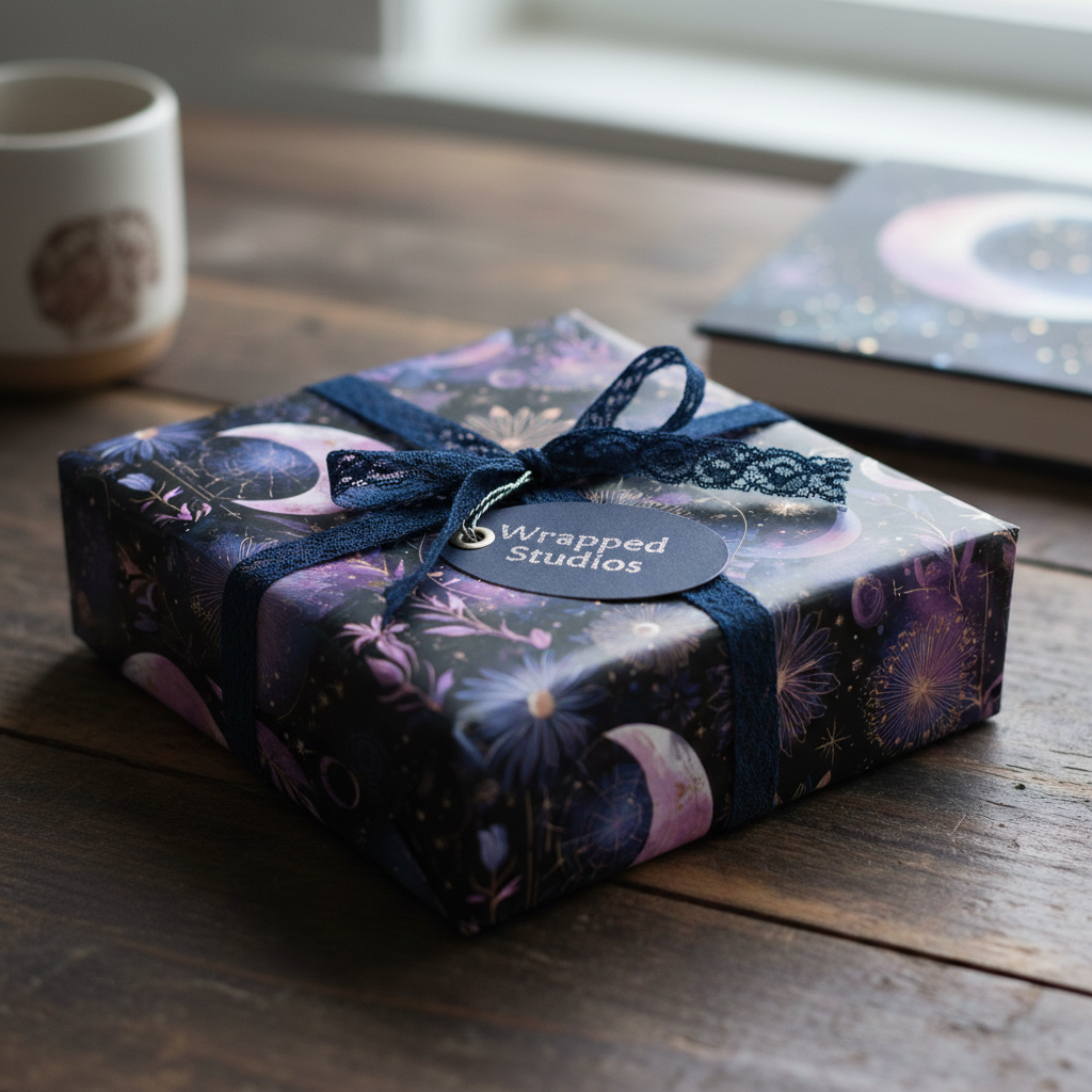 Square gift wrapped in celestial-themed wrapping paper with a navy lace ribbon.