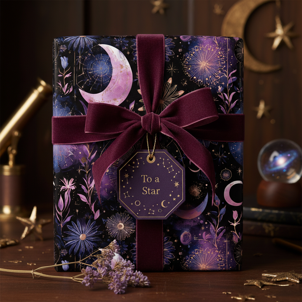 Elegant gift wrapped in celestial wrapping paper with a velvet ribbon and "To a Star" tag.