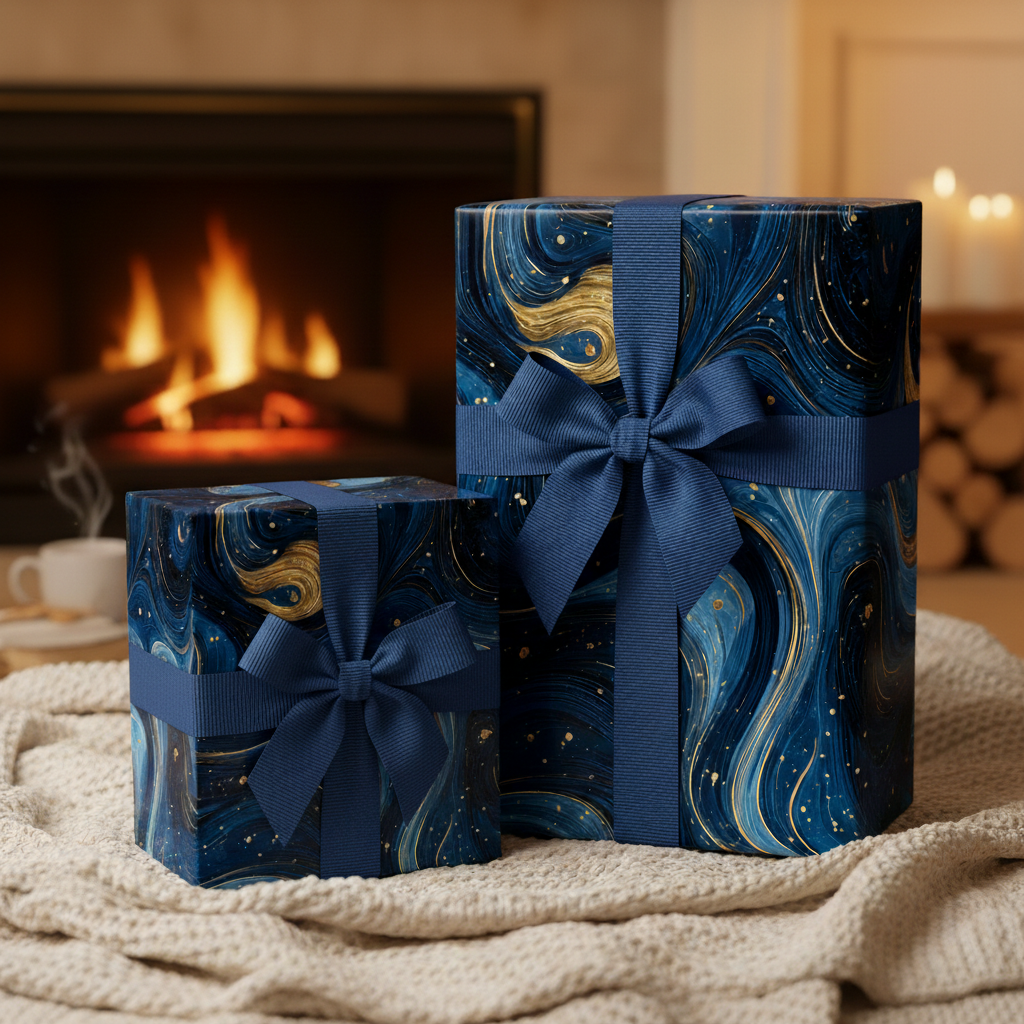Elegant navy and gold luxury gift wrap with blue ribbon, sitting near a cozy fireplace.