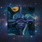 Elegant blue and gold gift wrap with a "Wish Upon a Star" tag, perfect for special occasions.
