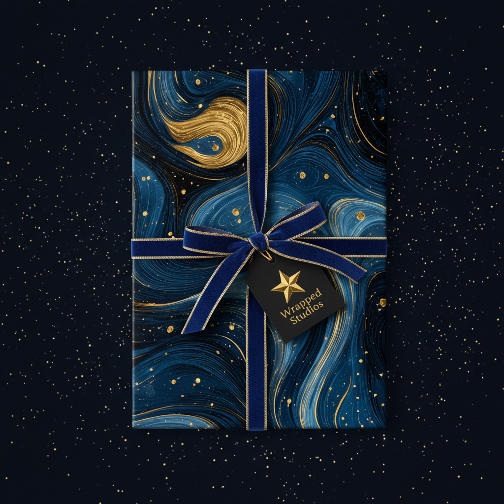 Luxury gift wrap with blue and gold swirl design and velvet ribbon, elegant wrapping paper.