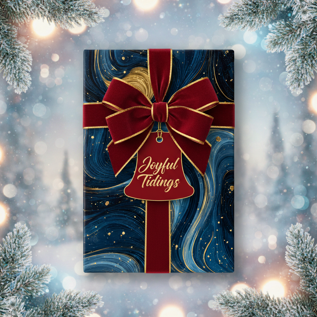 Navy blue and gold Christmas gift wrap with red velvet ribbon and "Joyful Tidings" tag.
