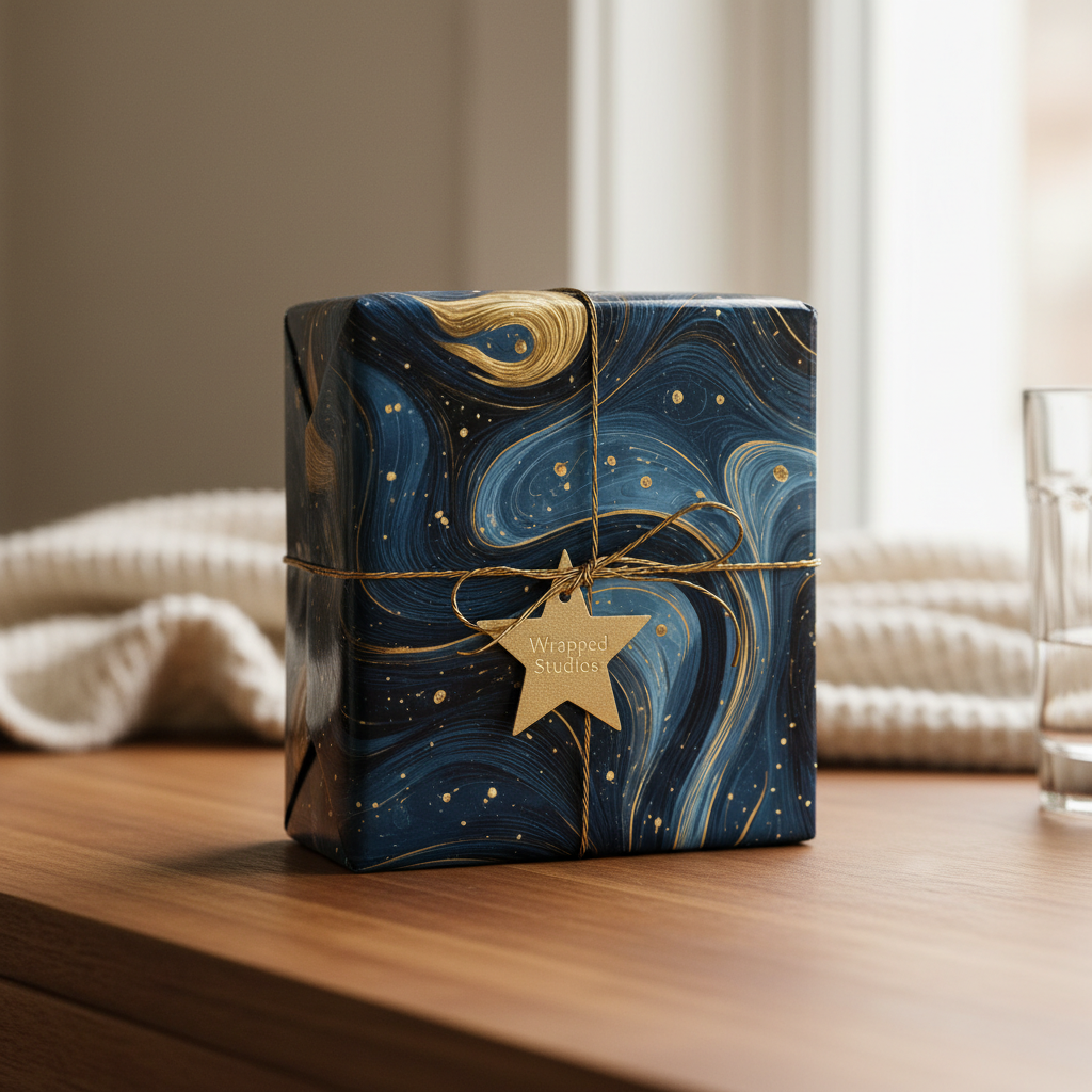 Elegant gift wrapped in blue and gold swirl wrapping paper with twine and star tag.