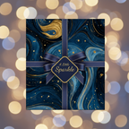 Elegant gift wrapped in blue & gold marble wrapping paper with "A Little Sparkle" tag, perfect for luxury gift-giving.
