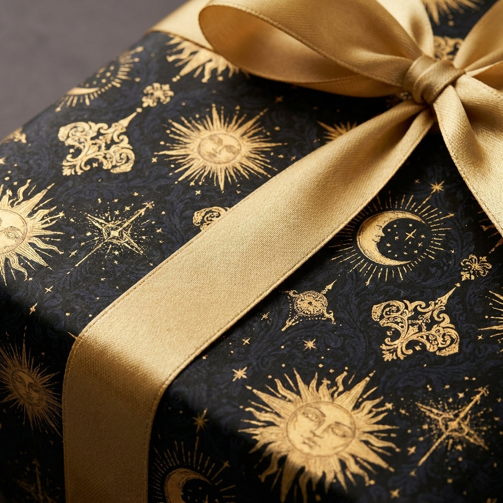 Celestial wrapping paper with gold sun and moon patterns and a satin bow, luxury gift wrap by Wrapped Studios.