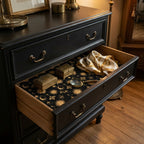 Gold celestial wrapping paper used as a decorative drawer liner by Wrapped Studios.