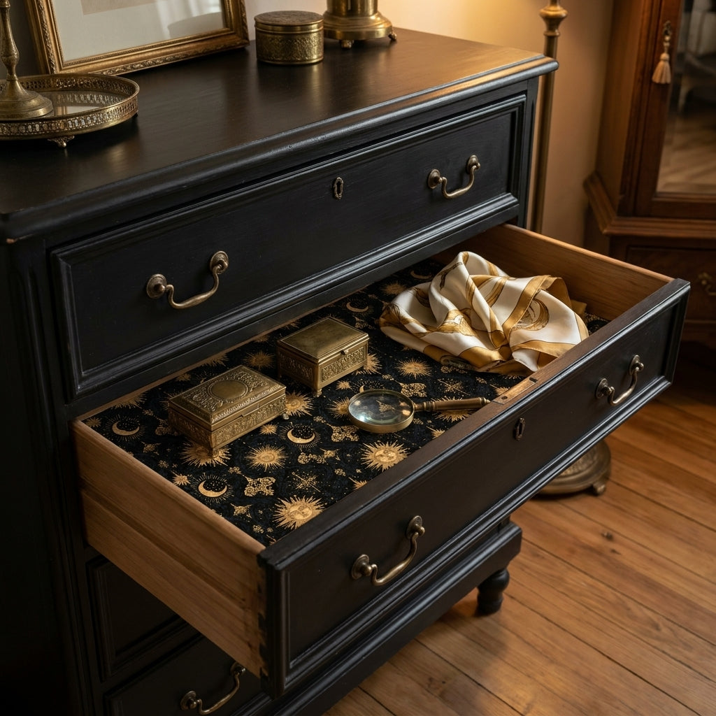 Gold celestial wrapping paper used as a decorative drawer liner by Wrapped Studios.