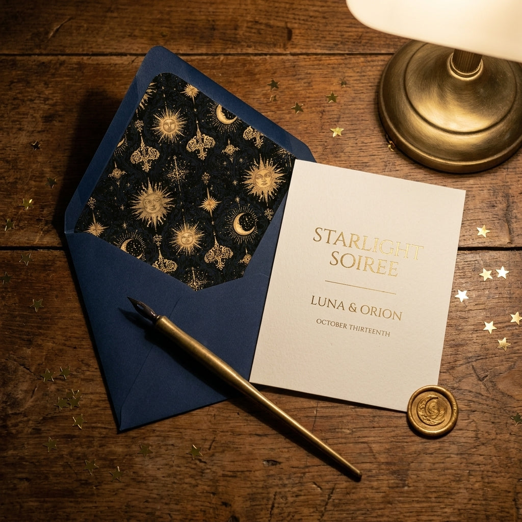 Celestial wedding invitation with navy and gold sun and moon envelope liner by Wrapped Studios.