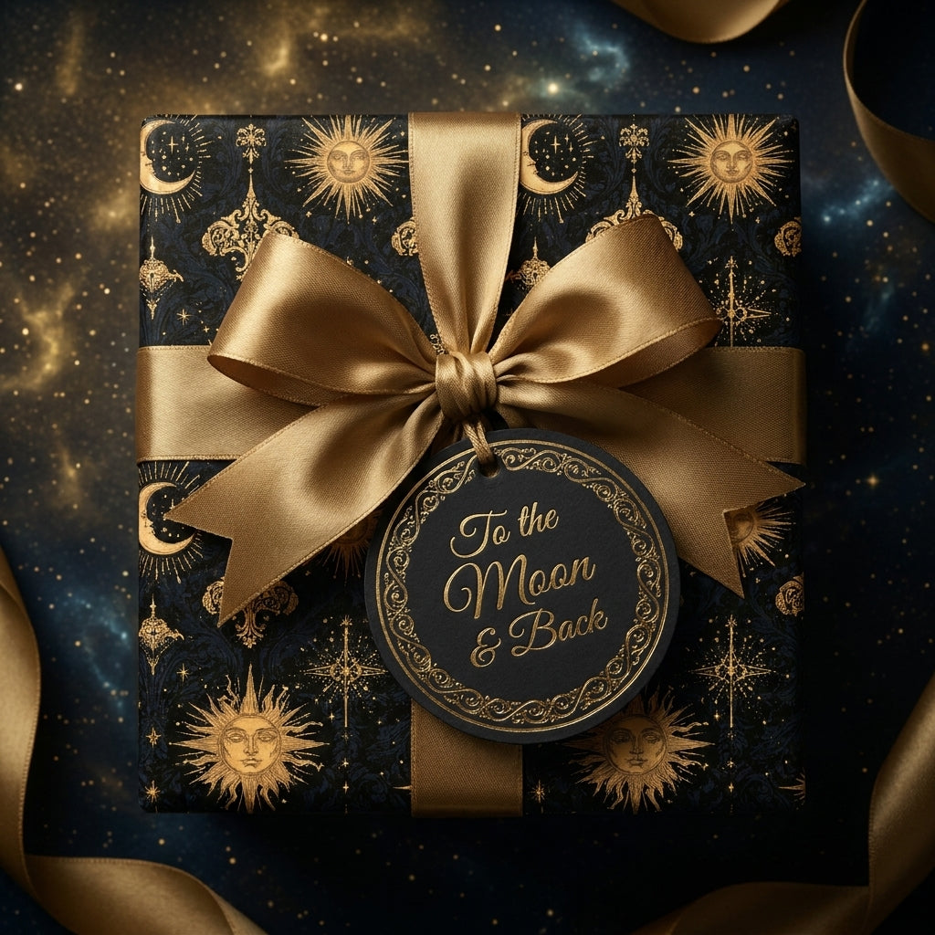 Luxury celestial wrapping paper with gold sun and moon patterns and a satin bow, by Wrapped Studios.