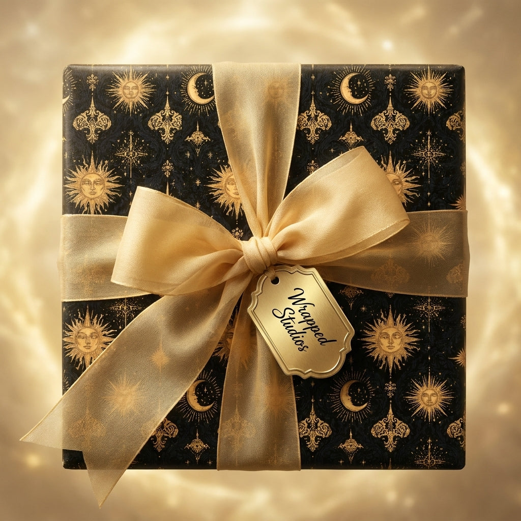 Luxury black and gold celestial wrapping paper with sun and moon motifs and a gold bow by Wrapped Studios.
