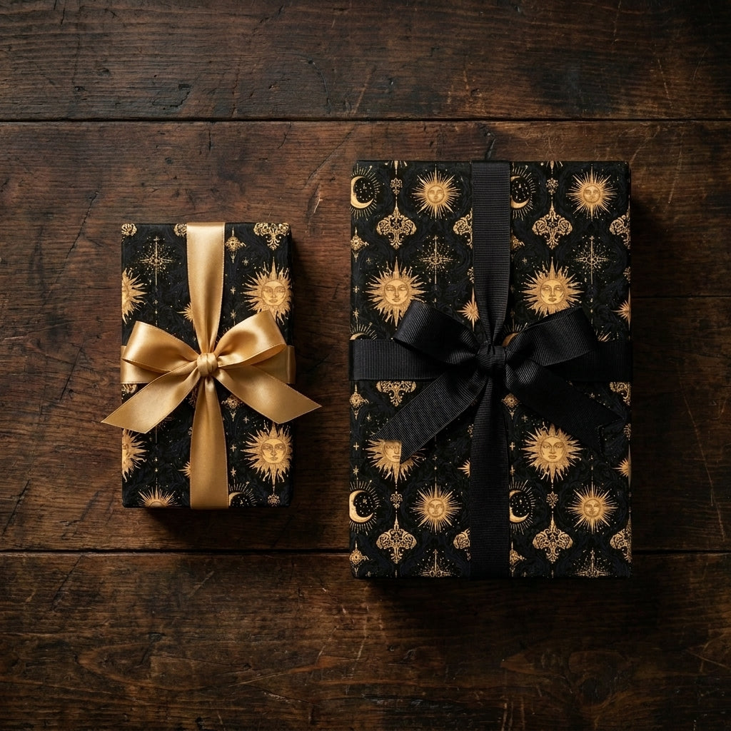 Luxury celestial wrapping paper in black and gold with sun and moon pattern on gift boxes by Wrapped Studios.