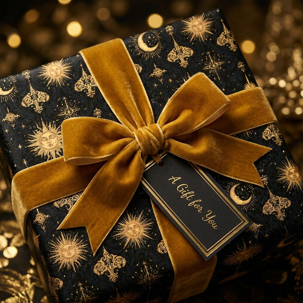 Celestial wrapping paper in black and gold with a luxury velvet bow by Wrapped Studios.