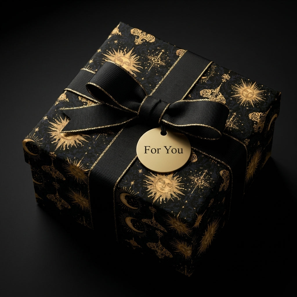 Luxury celestial wrapping paper in black and gold with a black ribbon by Wrapped Studios.