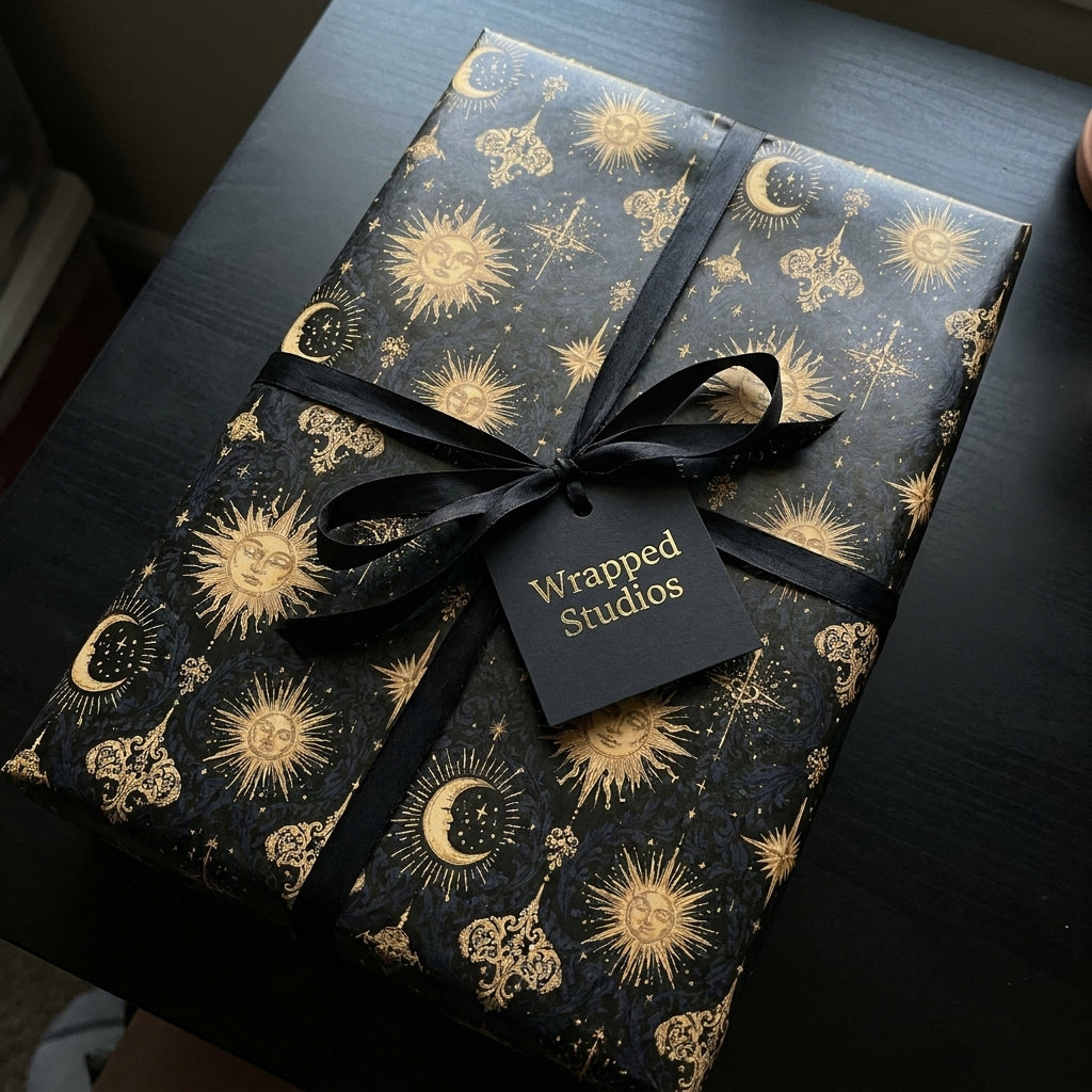Luxury celestial wrapping paper with gold sun and moon designs by Wrapped Studios, tied with a black ribbon.
