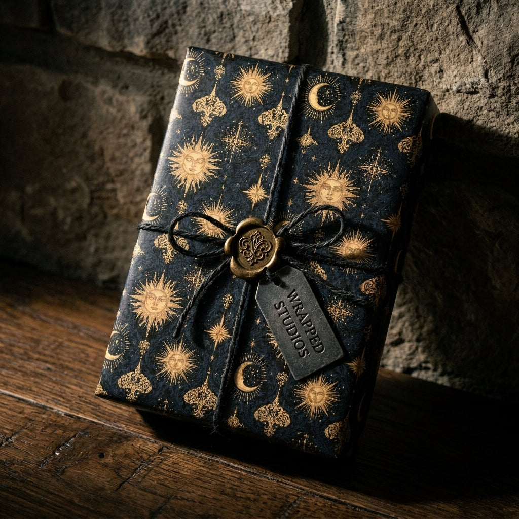 Luxury celestial gift wrap with gold sun and moon patterns on navy blue by Wrapped Studios.