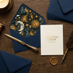 Celestial wrapping paper pattern as a luxury navy envelope liner for wedding invitations by Wrapped Studios.