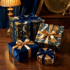 Blue celestial wrapping paper with gold sun and moon designs on luxury gifts by Wrapped Studios.