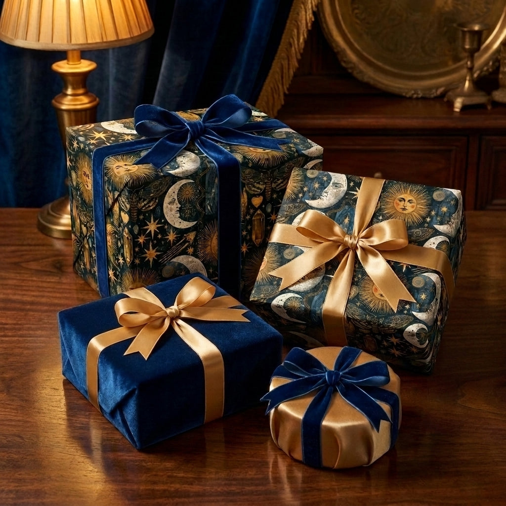 Blue celestial wrapping paper with gold sun and moon designs on luxury gifts by Wrapped Studios.