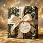 Celestial moon and stars wrapping paper with a luxury cream satin bow from Wrapped Studios.