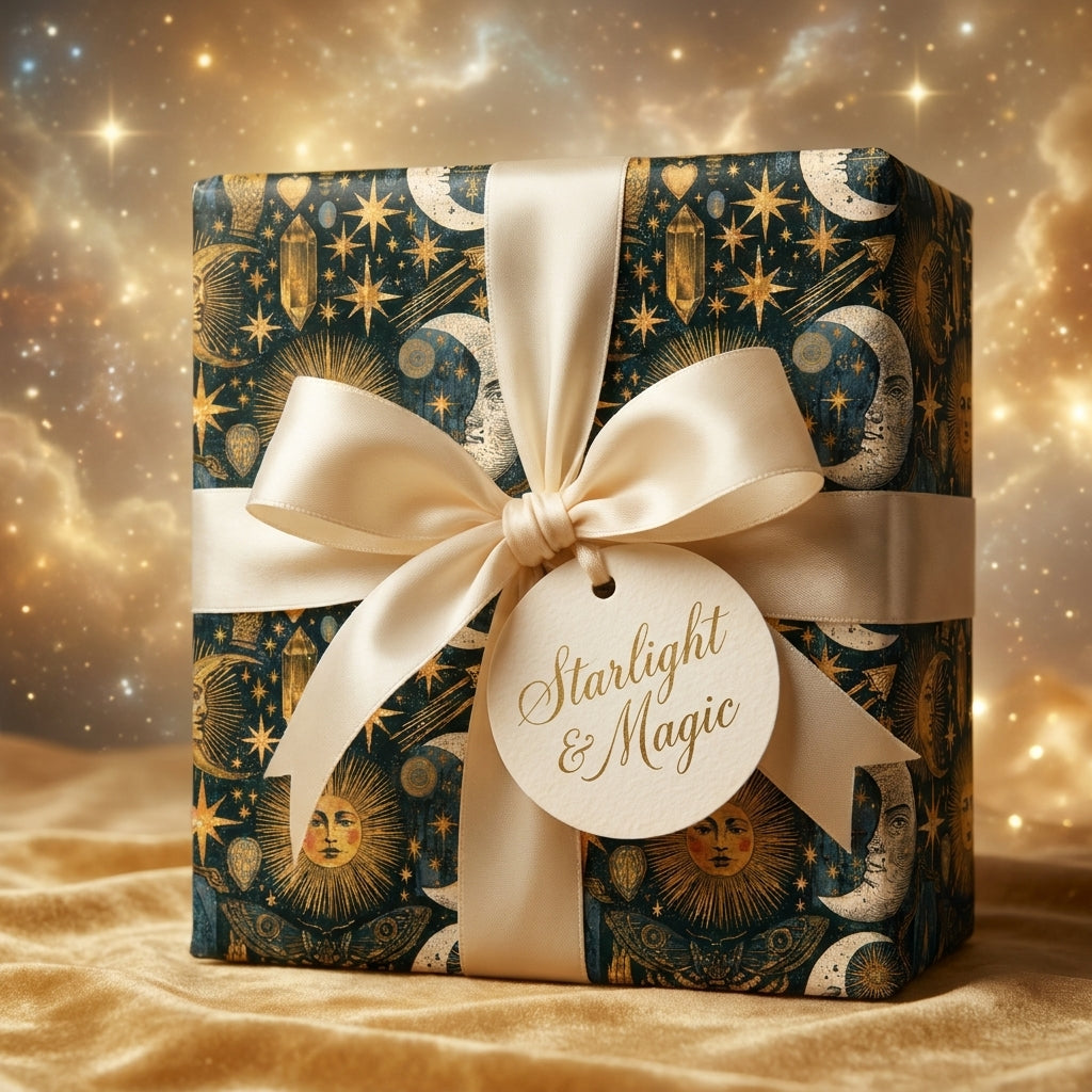 Celestial moon and stars wrapping paper with a luxury cream satin bow from Wrapped Studios.
