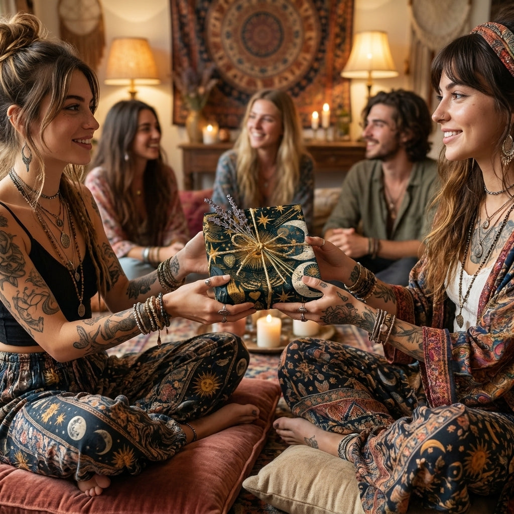 Friends exchanging a gift in celestial moon and star boho wrapping paper by Wrapped Studios.