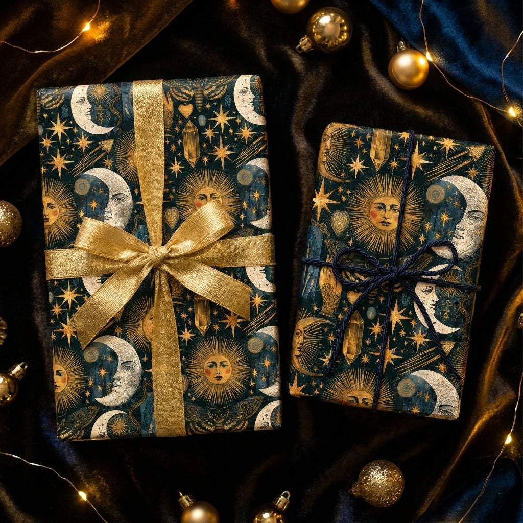 Celestial wrapping paper with gold sun and moon designs on luxury gifts by Wrapped Studios.