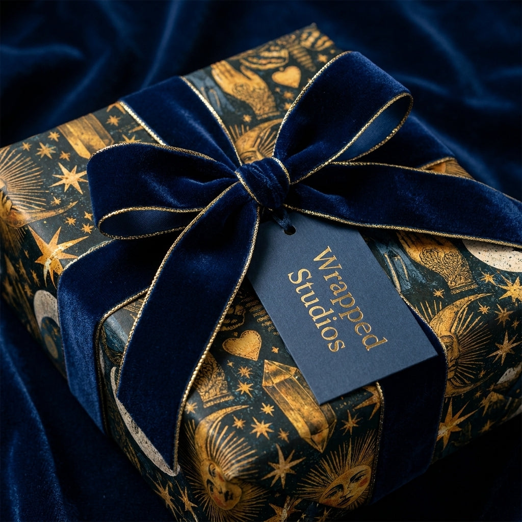 Luxury celestial wrapping paper with gold stars and a navy velvet bow, by Wrapped Studios.