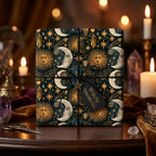 Mystical celestial wrapping paper with a gold sun and moon pattern by Wrapped Studios.