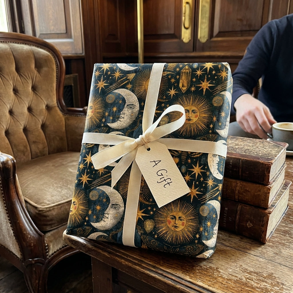 Celestial wrapping paper with vintage sun and moon pattern on a gift with cream ribbon by Wrapped Studios.