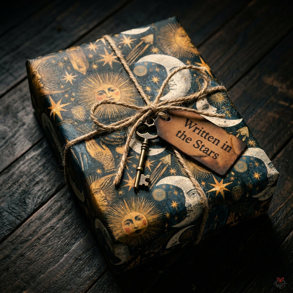 Celestial wrapping paper with vintage sun and moon design on a gift tied with twine by Wrapped Studios.