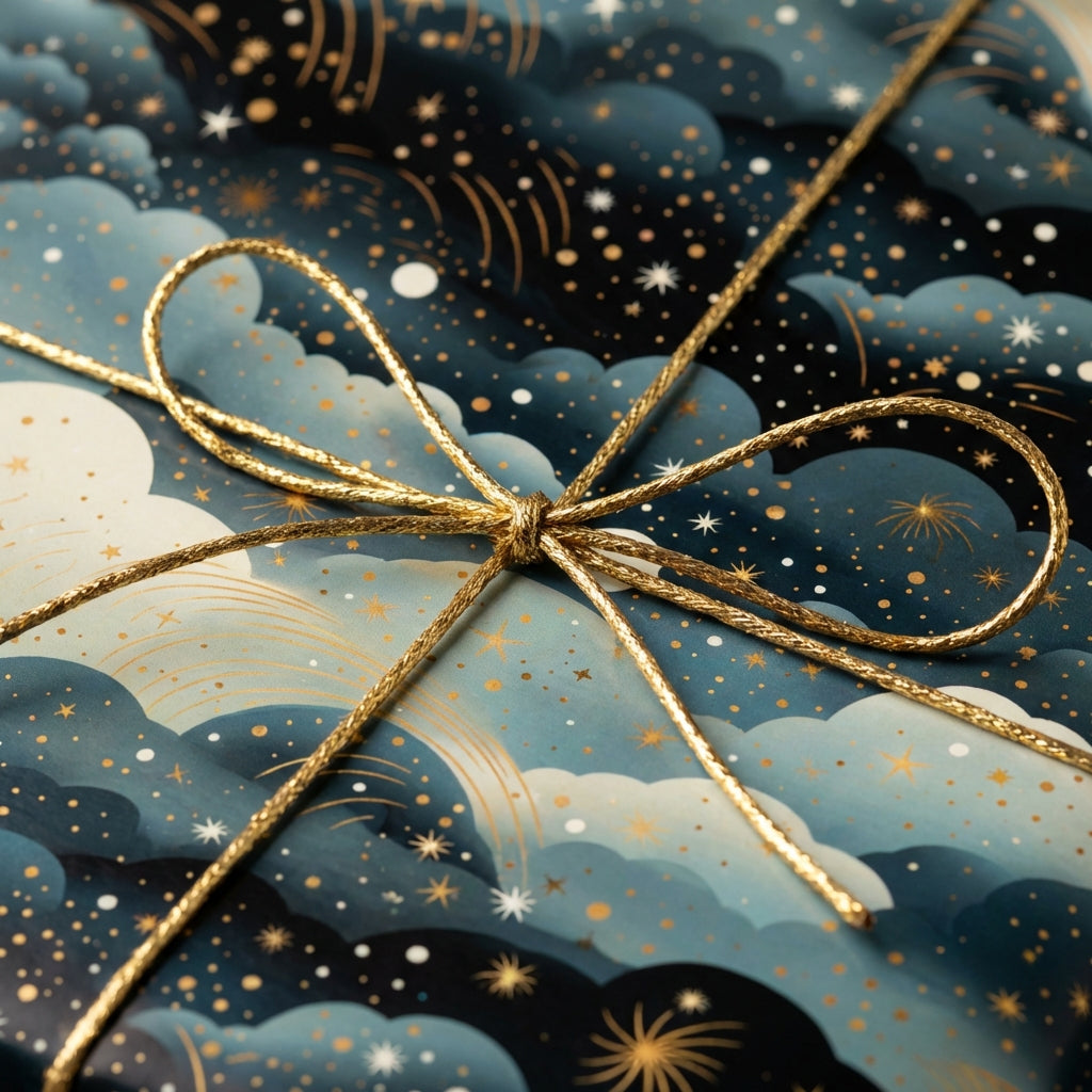 Close-up of elegant gift wrapped in celestial, cloud and star-patterned wrapping paper with gold string bow. Wrapped Studios.