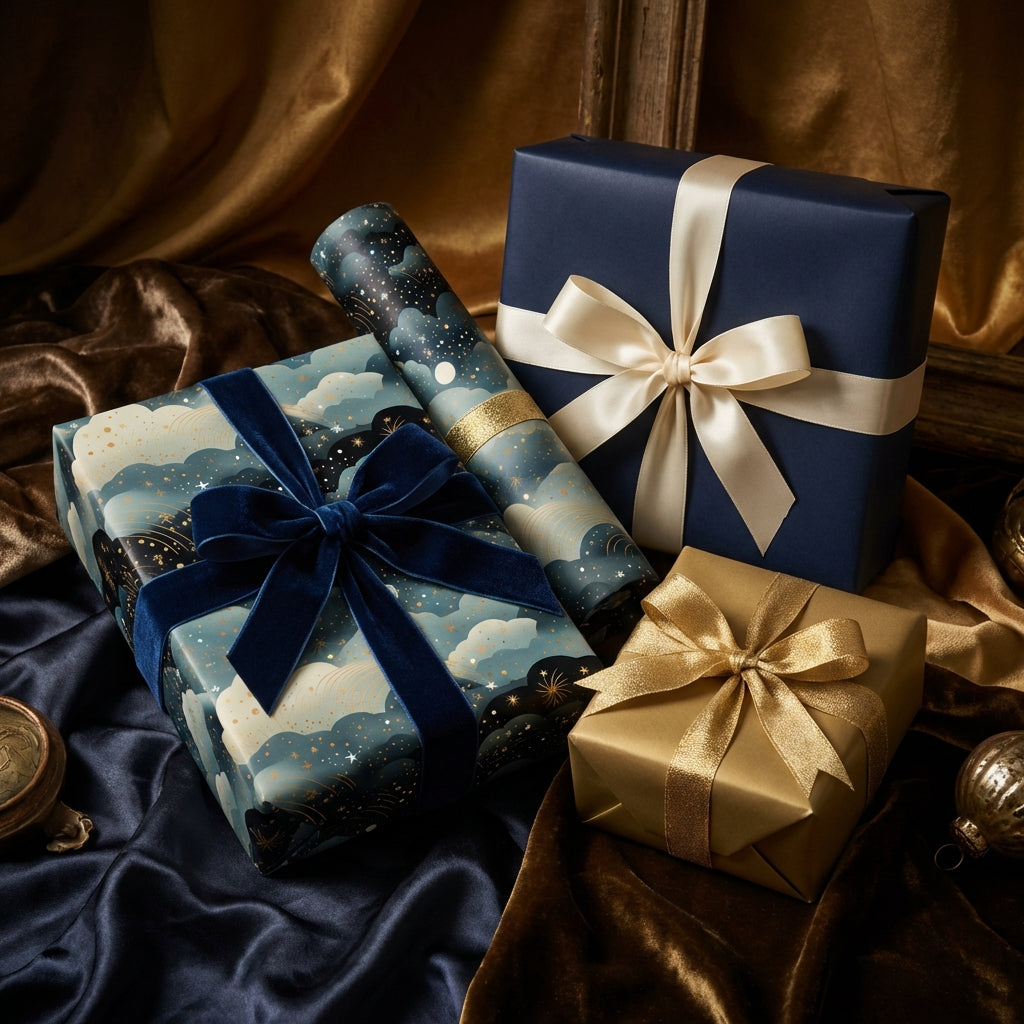 Elegant wrapped gifts with celestial-themed wrapping paper and velvet ribbons, perfect for luxury gift wrap.