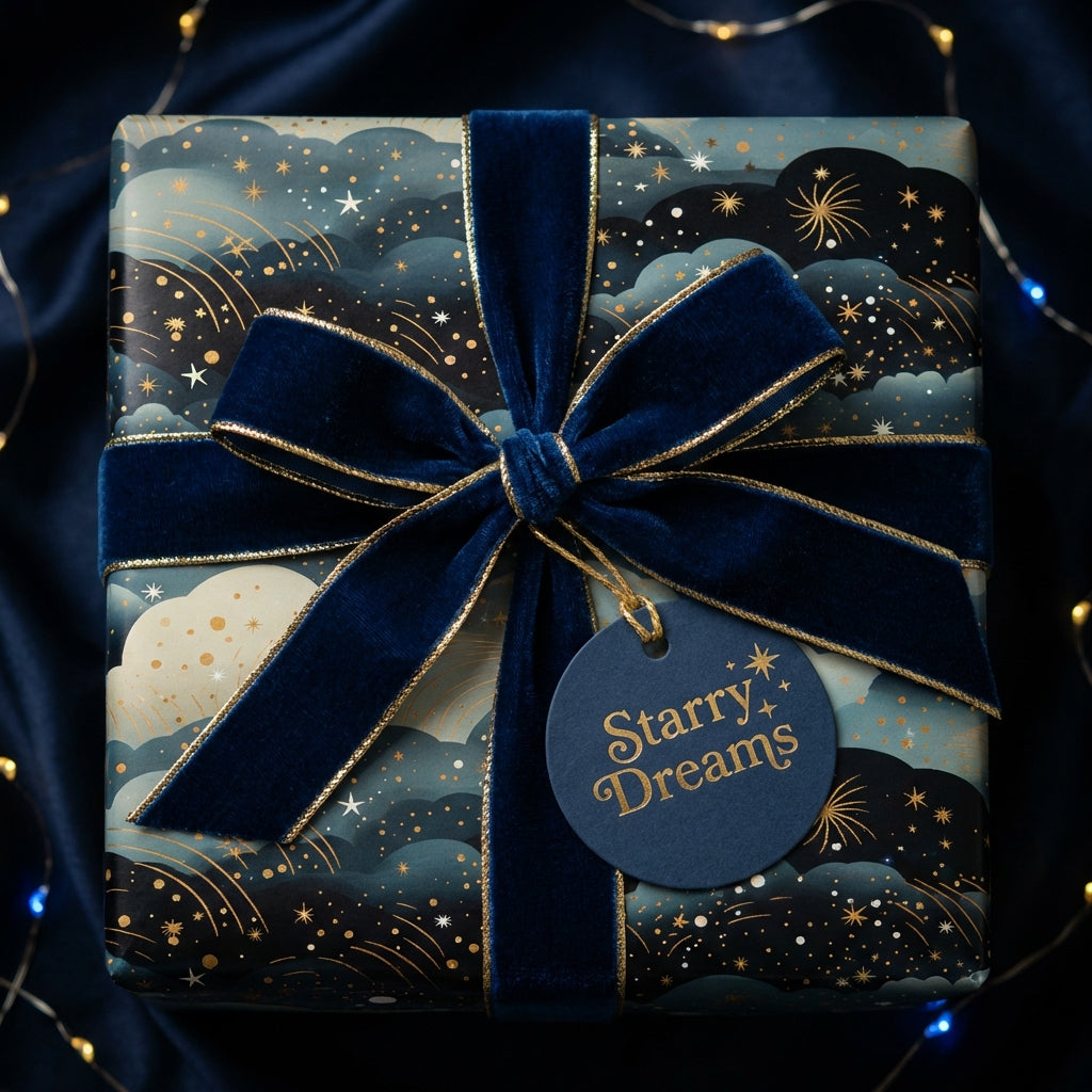 Navy blue starry wrapping paper with gold details and velvet ribbon from Wrapped Studios.