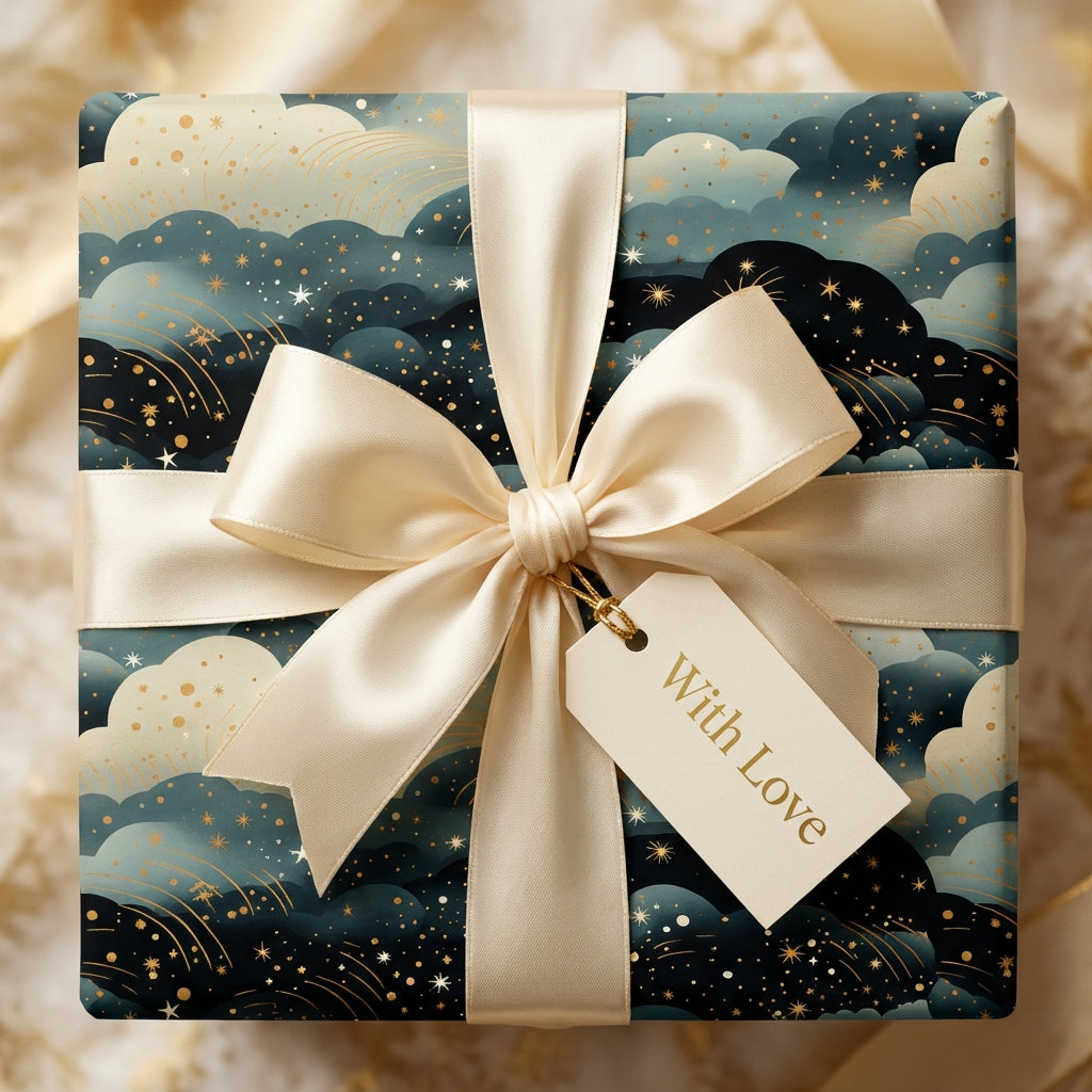Elegant "With Love" gift wrapped in luxe starry night wrapping paper with gold ribbon.