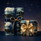 Elegant gift wrap presents with gold and navy ribbon against a starry night sky.