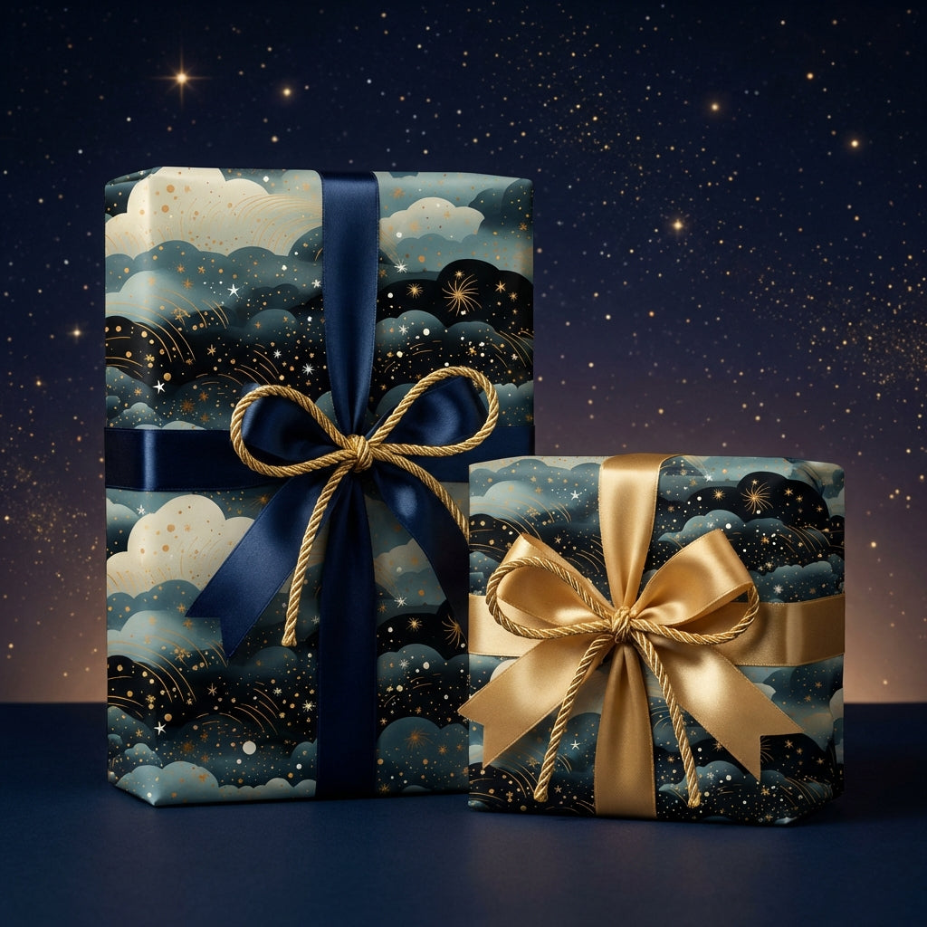 Elegant gift wrap presents with gold and navy ribbon against a starry night sky.