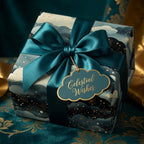 Elegant celestial wrapping paper with a teal satin bow and "Celestial Wishes" tag.