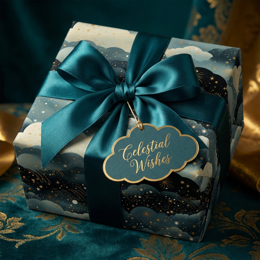 Elegant celestial wrapping paper with a teal satin bow and "Celestial Wishes" tag.