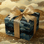 Elegant gift wrapped in a modern blue and gold starburst pattern, tied with a gold ribbon.