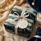 Elegant celestial wrapping paper with silver ribbon and tag, by Wrapped Studios.