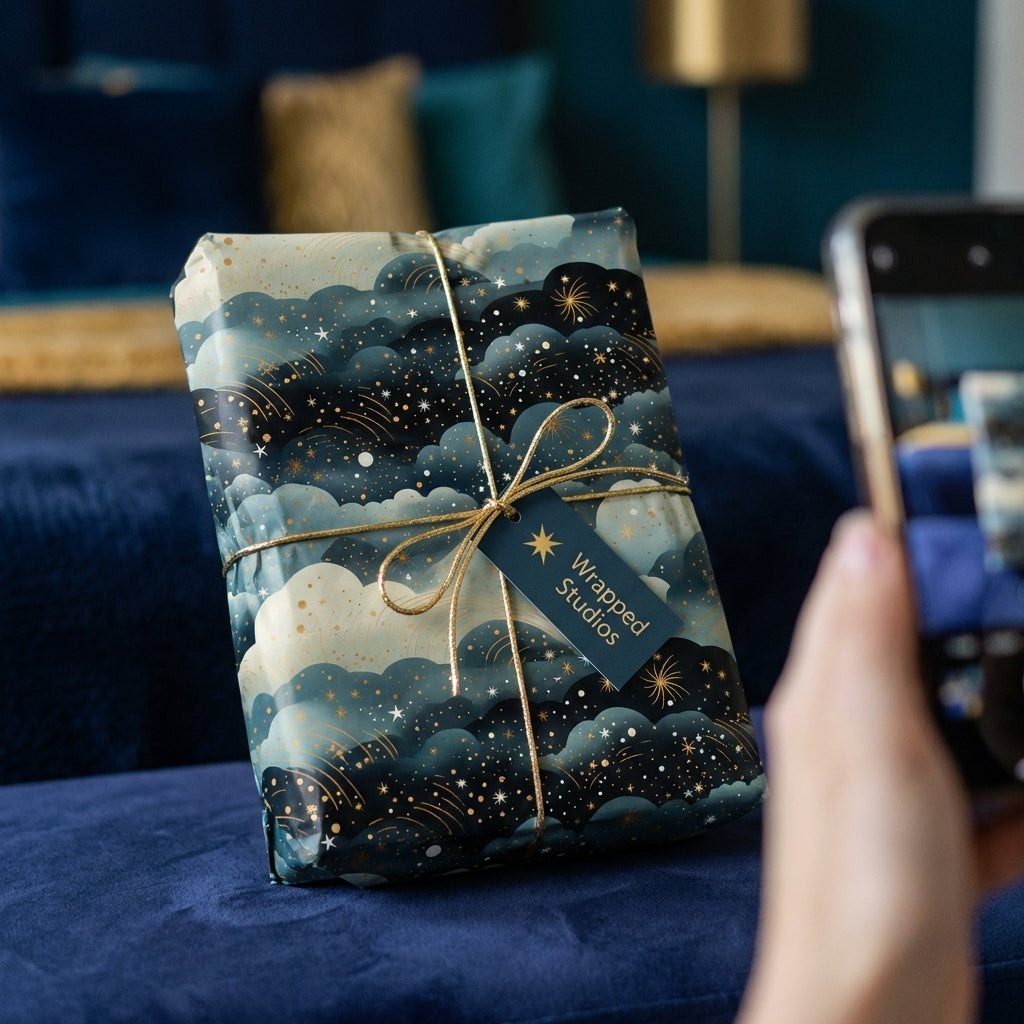 Wrapped Studios modern gift wrap. Blue and gold starry night design with gold string ribbon.