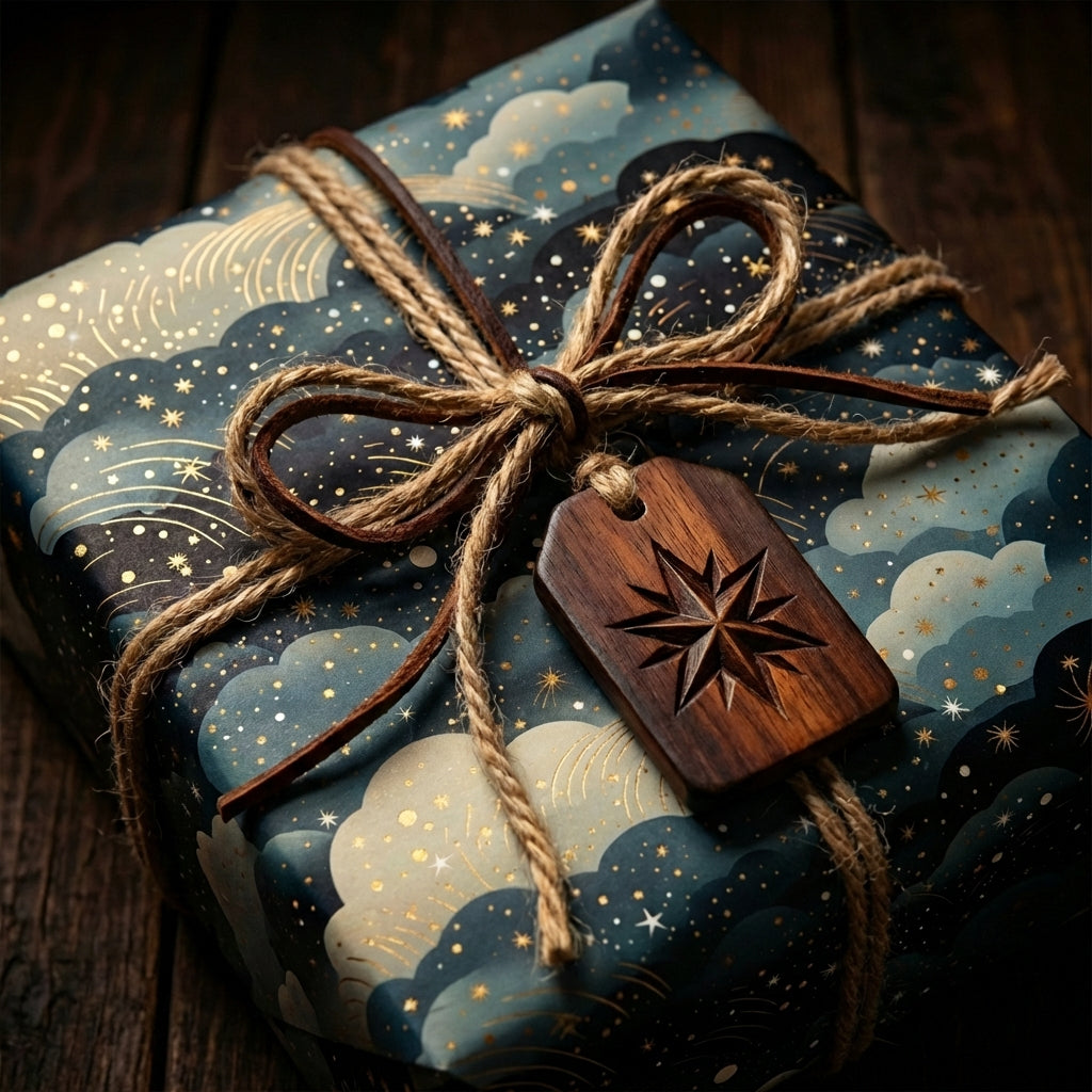 Elegant gift wrapped in star pattern paper with twine bow and wooden star tag, Wrapped Studios.