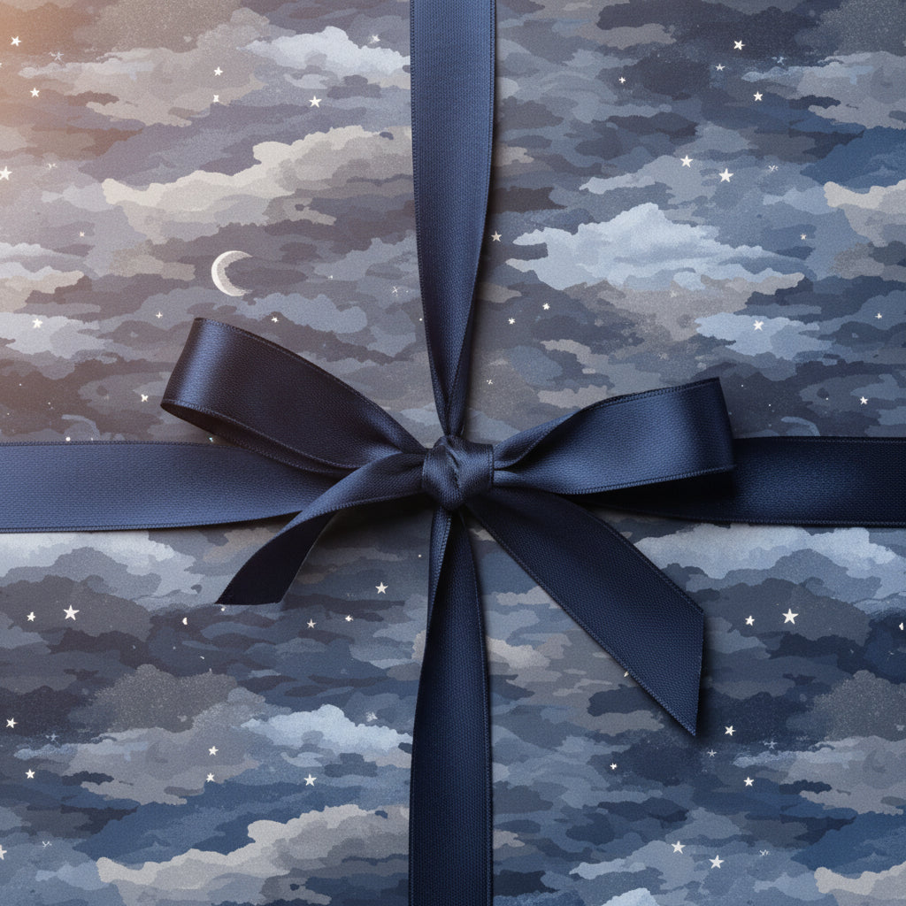 Night sky wrapping paper with white stars and a navy satin ribbon, perfect for birthday gift wrap.