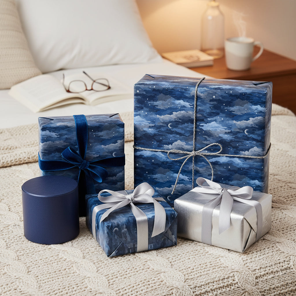 Elegant gifts wrapped in blue celestial wrapping paper with velvet and satin ribbons, on a bed.