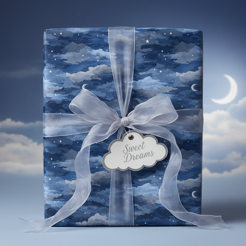 "Sweet Dreams" baby shower gift wrapped in blue night sky wrapping paper with sheer ribbon.
