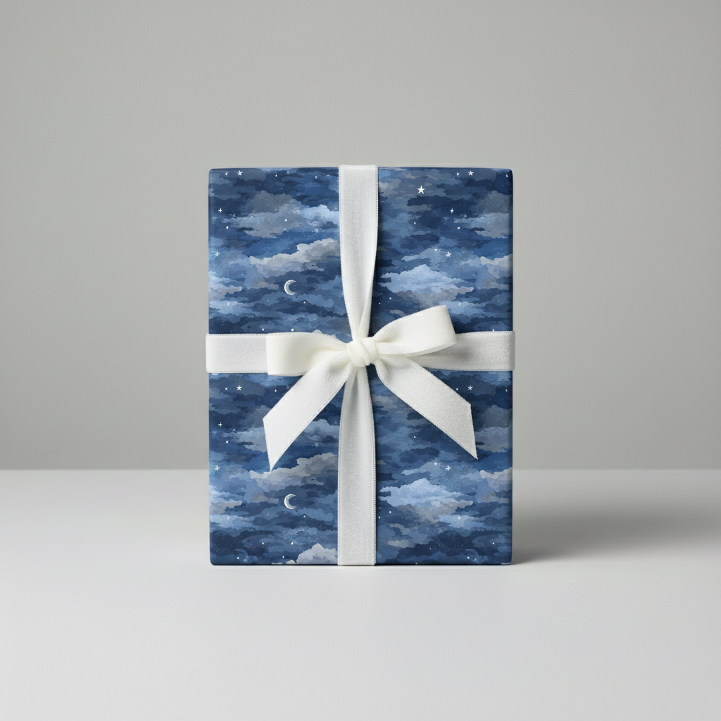 Gift box wrapped in navy night sky wrapping paper with white ribbon bow.