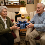 Elderly couple exchanging gift wrapped in blue patterned paper with satin ribbon.