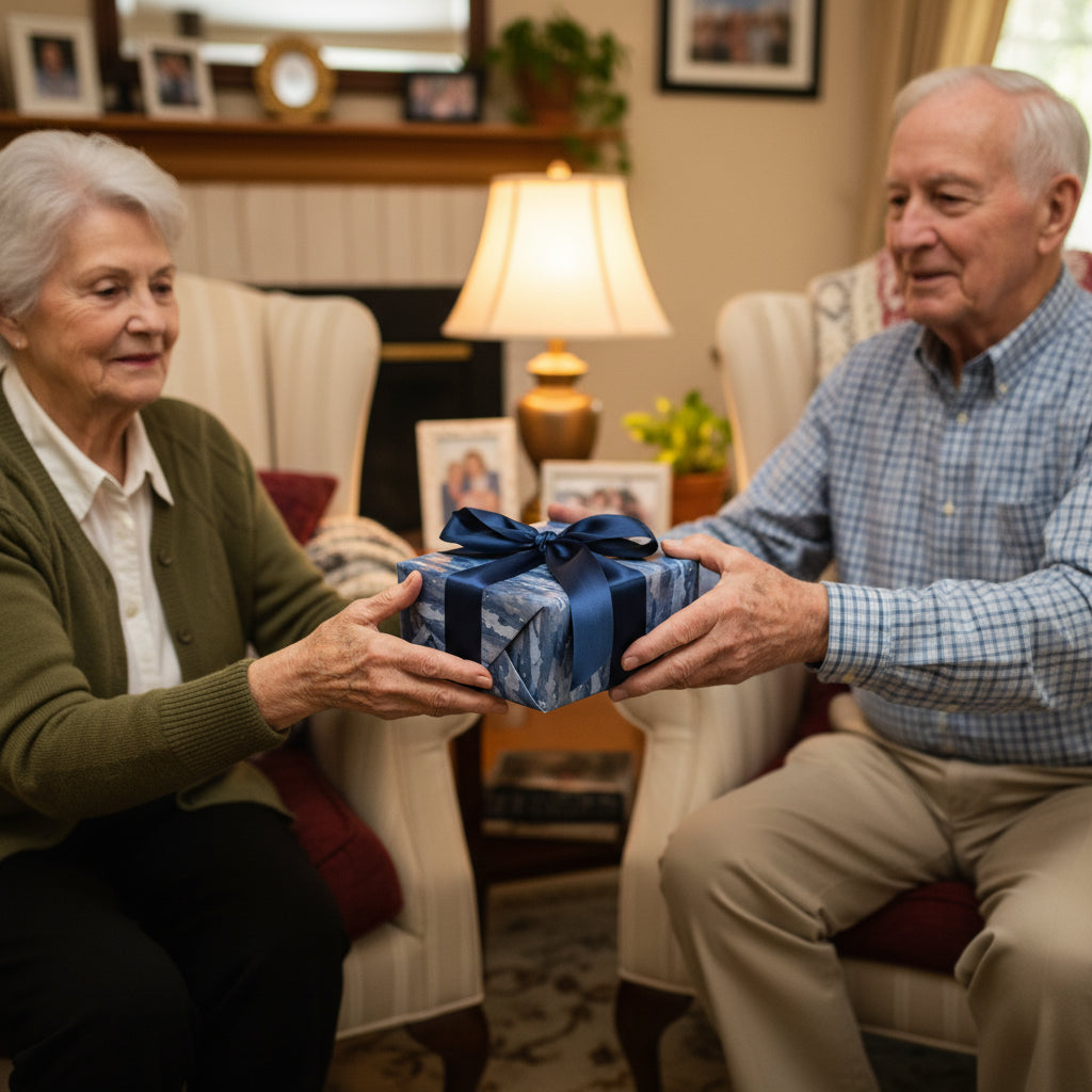 Elderly couple exchanging gift wrapped in blue patterned paper with satin ribbon.